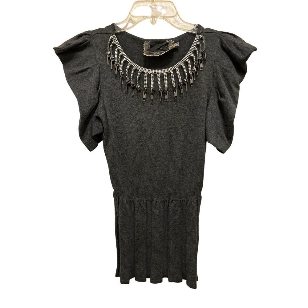 Womens XSmall Gott Grey Peplum Blouse Ruffled Sleeves Top Zippers Sweater